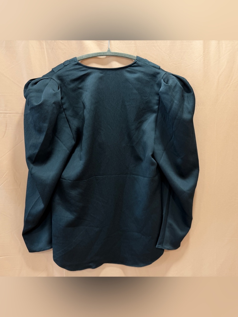 Express Teal Satin Wrap Blouse Puff Sleeve V-Neck Top NWOT Women's Small - Picture 6 of 6